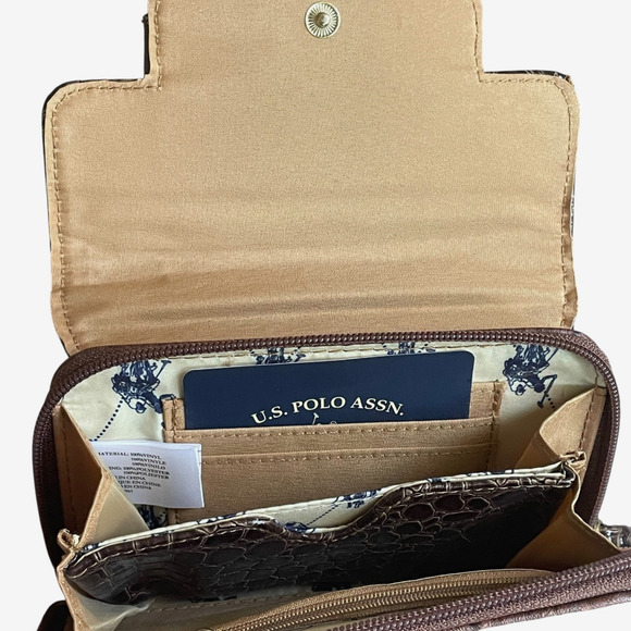 U.S. POLO ASSN Brown Gold Crocodile Embossed Wallet Snap Clutch Wristlet NWOT - Picture 5 of 8
